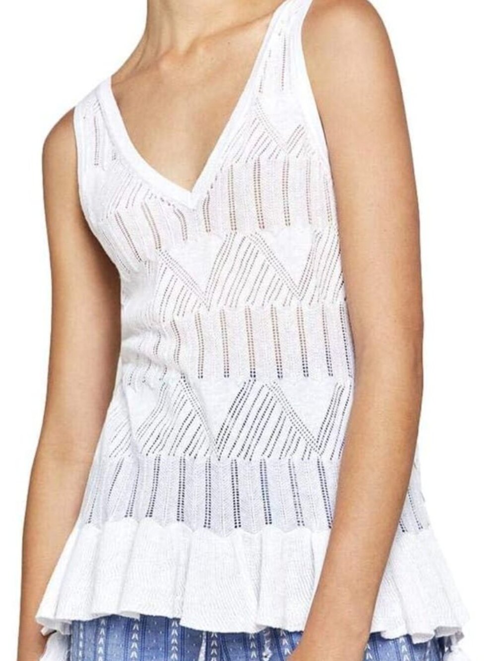 BCBGeneration White Knit V-Neck Tank with Ruffle Hem and Tassel Ties
